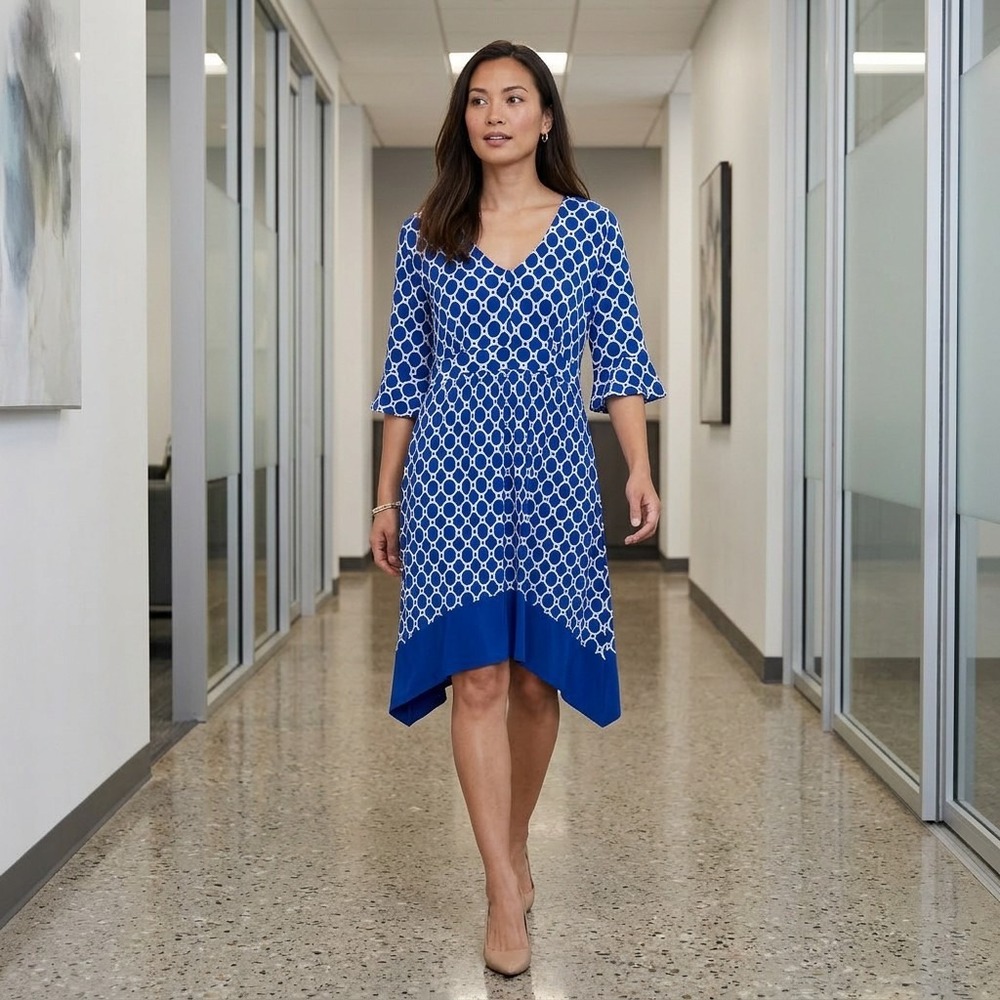 Soma Dress, Blue / White Geometric Print, Handkerchief Hemline, Rayon, Medium